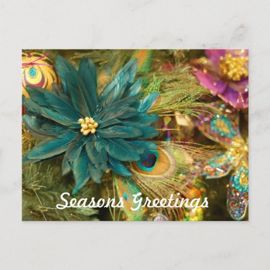 Poinsettia Peacock Feather Christmas Postcard Feestdagenkaart (Voorkant)