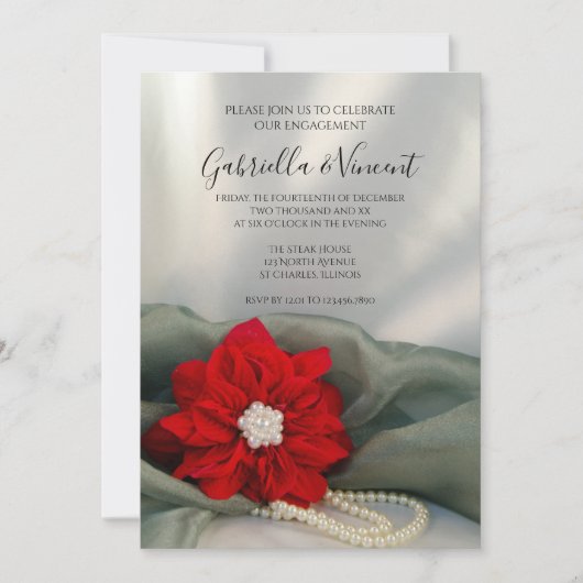 Poinsettia Pearls on Green Winter Engagement Party Kaart (Voorkant)