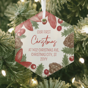 Poinsettia & Pijnboom Ons eerste kerstfeest op adr Glas Ornament