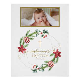 Poinsettia Pine Berry Foto Doop Welkomstbord Perfect Poster