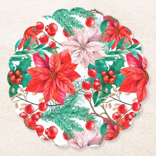 Poinsettia, Pine Boughs en Red Berries Kartonnen Onderzetters (Voorkant)