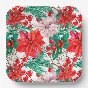 Poinsettia, Pine Boughs en Red Berries Papieren Bordje