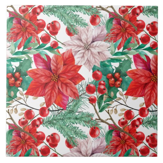Poinsettia, Pine Boughs en Red Berries Tegeltje (Voorkant)