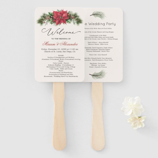 Poinsettia Pine Cones Holly Wedding Programme Handwaaier (Voorkant en achterkant)