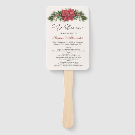 Poinsettia Pine Cones Holly Wedding Programme Handwaaier (Voorkant)