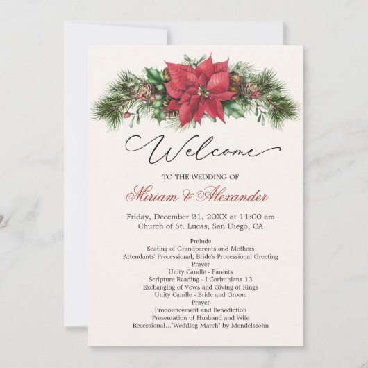 Poinsettia Pine Cones Holly Wedding Programme Kaart (Voorkant)