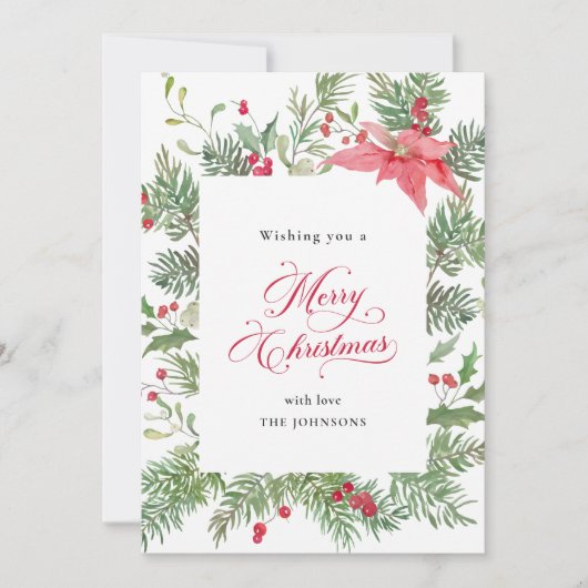 Poinsettia, Pine & Holly Botanische Kerst Feestdagenkaart (Voorkant)