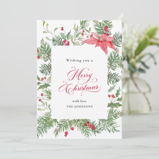 Poinsettia, Pine & Holly Botanische Kerst Feestdagenkaart (Staand voorkant)