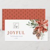 Poinsettia Pine Joyful Kerstmis Logo Zakelijk Feestdagenkaart (Voorkant / Achterkant)