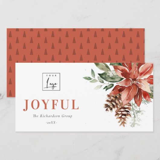 Poinsettia Pine Joyful Kerstmis Logo Zakelijk Feestdagenkaart (Voorkant / Achterkant)