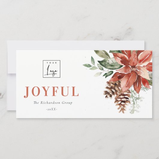 Poinsettia Pine Joyful Kerstmis Logo Zakelijk Feestdagenkaart (Voorkant)