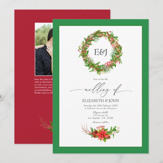 Poinsettia & Pine Kerst Huwelijk Charm QR Code Kaart (Voorkant / Achterkant)