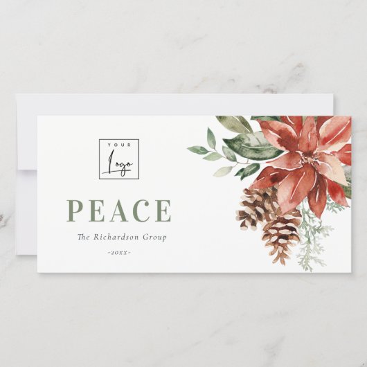 Poinsettia Pine Peace Christmas Logo Business Feestdagenkaart (Voorkant)