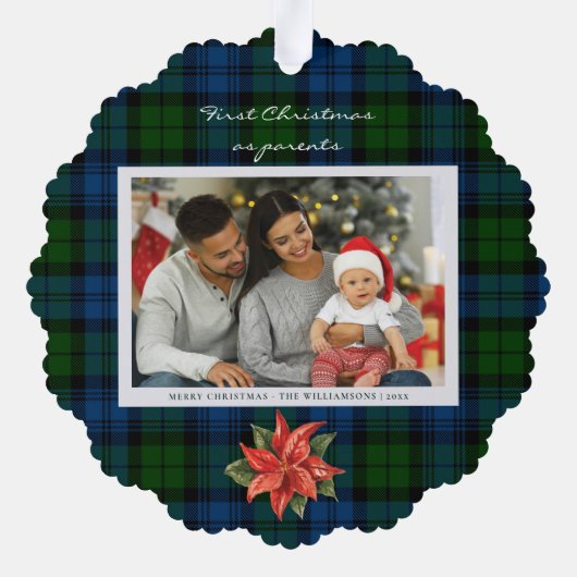 Poinsettia Plaid Familie Foto Kerstmis Tartan Ornament Kaart (Achterkant)