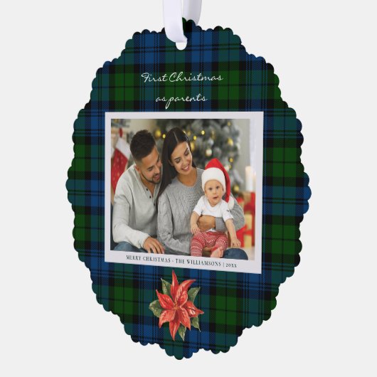 Poinsettia Plaid Familie Foto Kerstmis Tartan Ornament Kaart (Links)