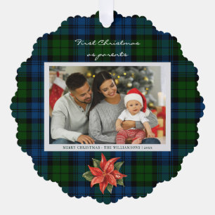 Poinsettia Plaid Familie Foto Kerstmis Tartan Ornament Kaart