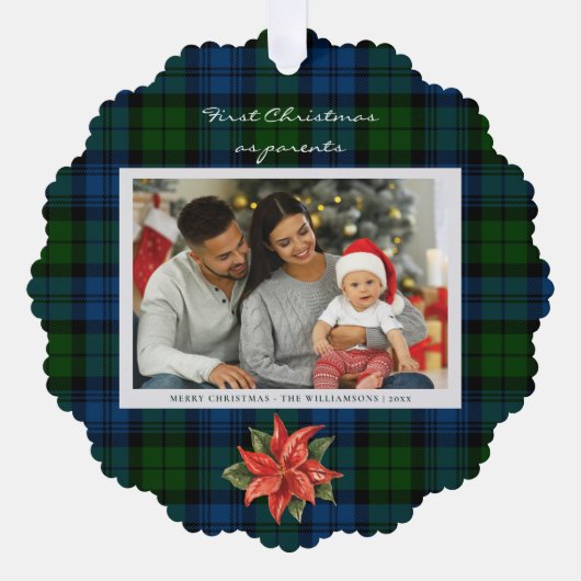 Poinsettia Plaid Familie Foto Kerstmis Tartan Ornament Kaart (Voorkant)