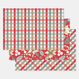 Poinsettia plaid red wintervakantie inpakpapier vel