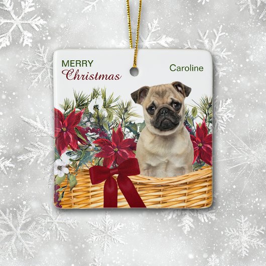 Poinsettia Pug Dog-kerstmand Keramisch Ornament