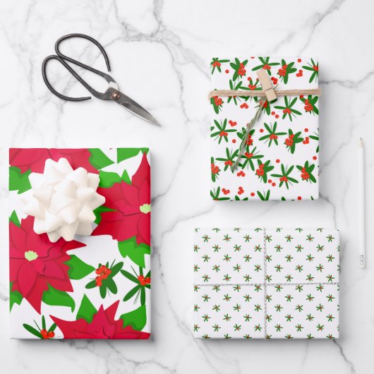 Poinsettia & Red Berry Festive Mexican Christmas Inpakpapier Vel (Voorkant)