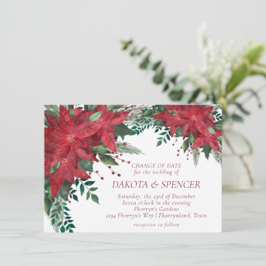 Poinsettia Red en Green Kerstmis bruiloft Kaart (Staand voorkant)