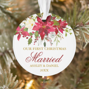 Poinsettia Red Floral Gold eerste kersthuwelijk Ornament