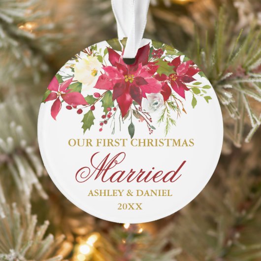 Poinsettia Red Floral Gold eerste kersthuwelijk Ornament (Boom)