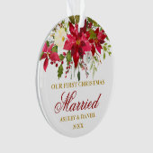 Poinsettia Red Floral Gold eerste kersthuwelijk Ornament (voorkant)