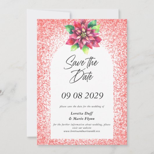 Poinsettia Red Glitter Save the date Invitation Kaart (Voorkant)