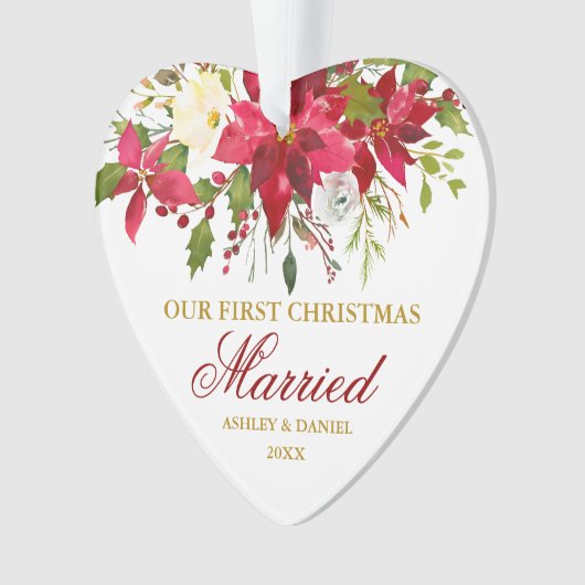 Poinsettia Red Gold First Kerstgehuwd hart Ornament (voorkant)