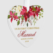 Poinsettia Red Gold First Kerstgehuwd hart Ornament (voorkant)