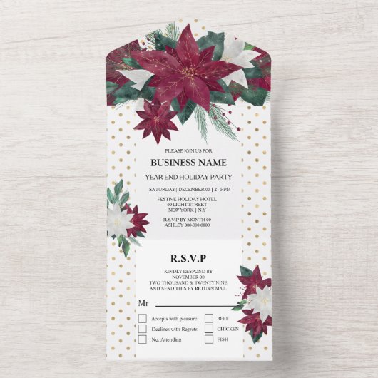 Poinsettia red Gold White party bewerkt  All In One Uitnodiging (Binnen)