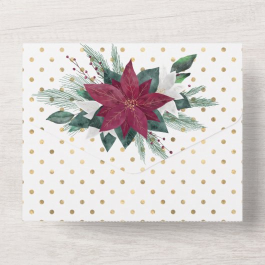 Poinsettia red Gold White party bewerkt  All In One Uitnodiging (Achterkant)