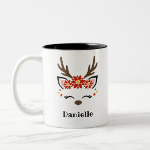 Poinsettia Reindeer Face Persoonlijke naam Holiday Tweekleurige Koffiemok
