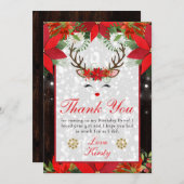 Poinsettia Reindeer Kerstmis Bedankkaart (Voorkant / Achterkant)