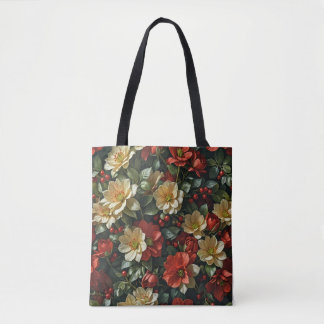 Poinsettia, retro bloemen in rood en groen tote bag