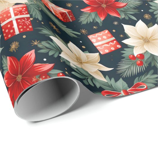 Poinsettia Rich Reds & Cream Pretty Christmas Gift Cadeaupapier (Rol Hoek)