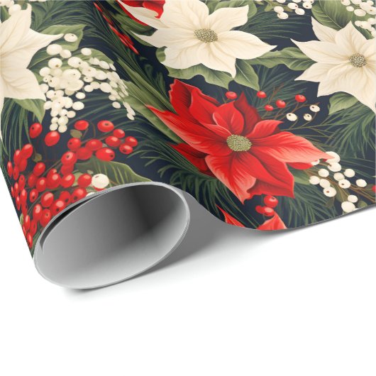 Poinsettia Rich Reds & Cream Pretty Christmas Roll Cadeaupapier (Rol Hoek)
