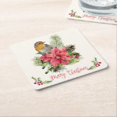 Poinsettia, robin, holly, dennenappel, kerst met k kartonnen onderzetters (Schuin)