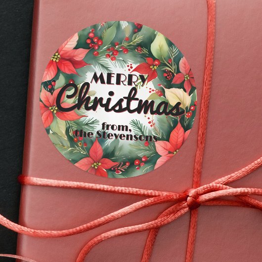 Poinsettia Rode bessen en Holly bladeren Kerstmis Ronde Sticker
