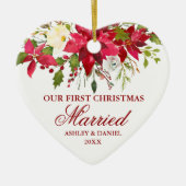 Poinsettia Rode Bloemen Eerste Kerstmis Getrouwd Keramisch Ornament (Voorkant)