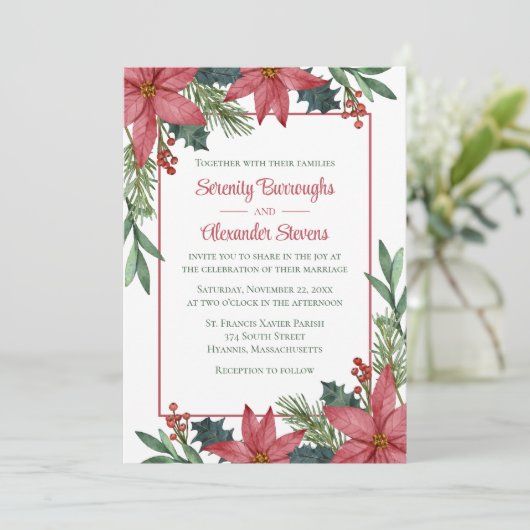 Poinsettia Rode Bloemen Elegante Kerstbruiloft Kaart (Staand voorkant)