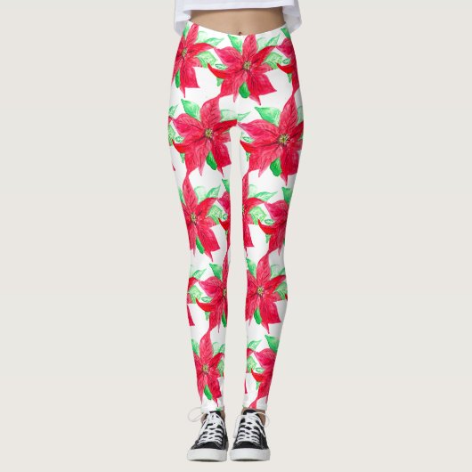 Poinsettia Rode Bloemen Kerstmis Bloem Leggings (Voorkant)