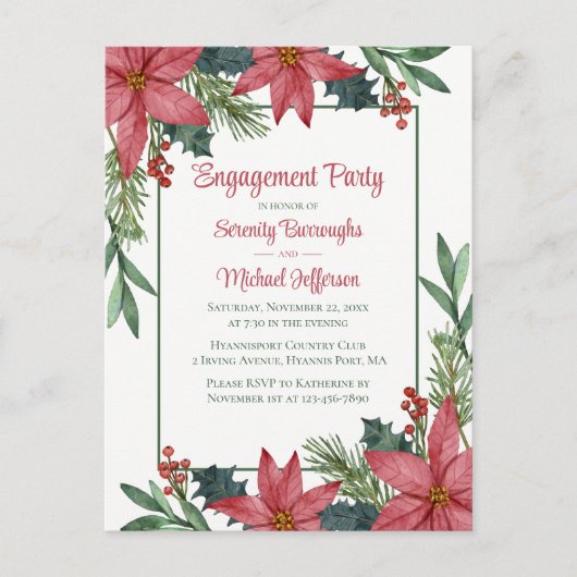 Poinsettia Rode Bloemen Kerstmis Verlovingsfeest Uitnodiging Briefkaart (Voorkant)