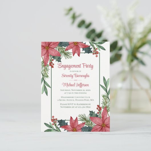 Poinsettia Rode Bloemen Kerstmis Verlovingsfeest Uitnodiging Briefkaart (Staand voorkant)