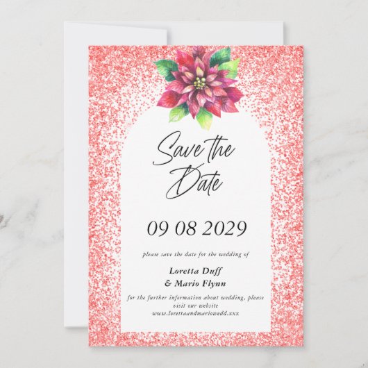 Poinsettia Rode Glitter Save the date Uitnodiging (Voorkant)