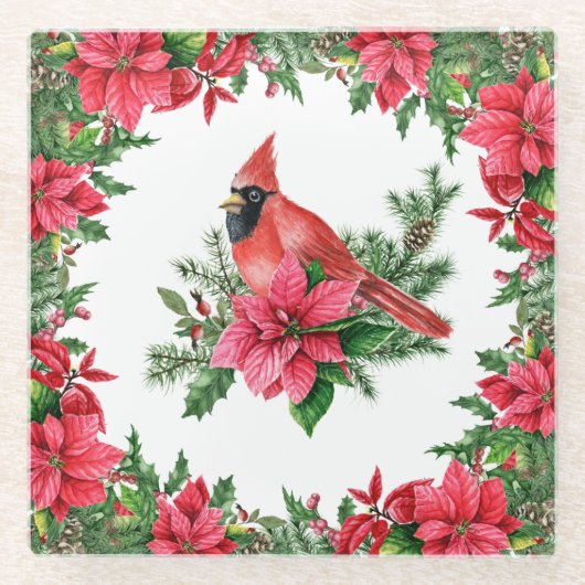 Poinsettia Rode Kardinaal Kerstvakantie Glazen Onderzetter (Voorkant)