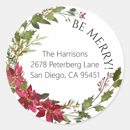 Poinsettia rond Kerst sticker (Voorkant)