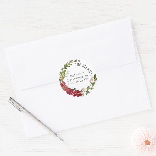 Poinsettia rond Kerst sticker (Envelop)