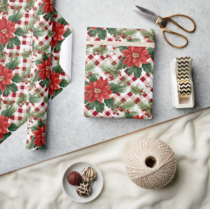 Poinsettia Rood Wit Check Patroon Kerstcadeau Cadeaupapier